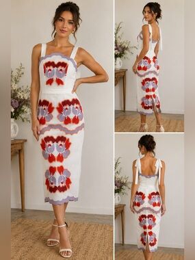 Alice McCall Wildfire Dress Embroidered Midi Dress Women’s US 0 White Purple Red